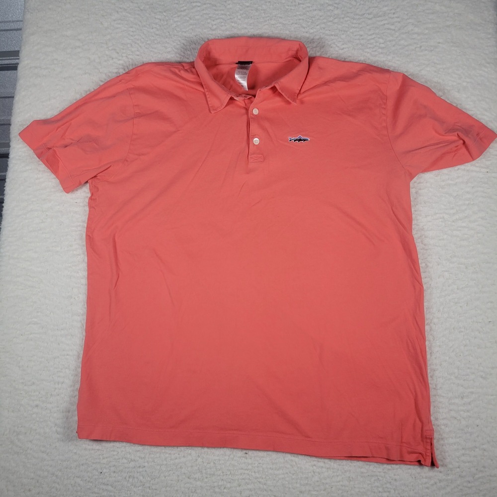 Patagonia Polo Shirt Mens Large Coral Organic Cotton Trout Logo 52206 Short Slv